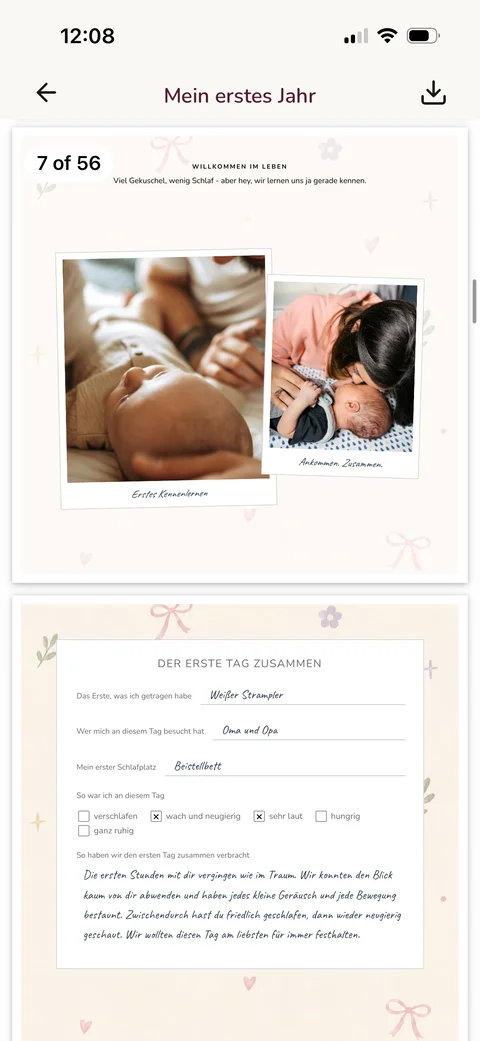 Vorschau einer fertig gestalteten Buchseite in der littleeternity App
